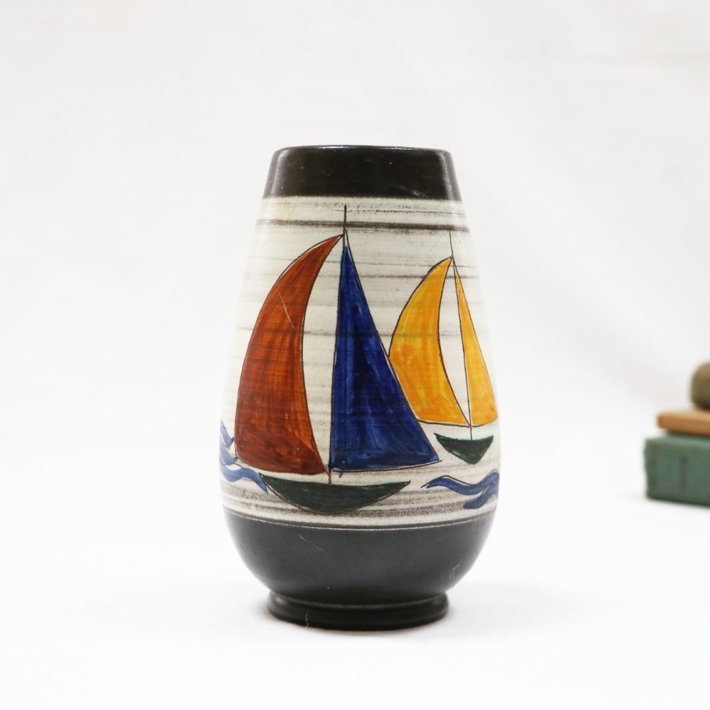 Vintage German Handarbeit Pottery Sailboat Vase